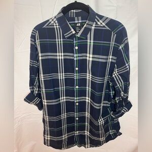 H&M Blue and Green Plaid Casual Button-Down